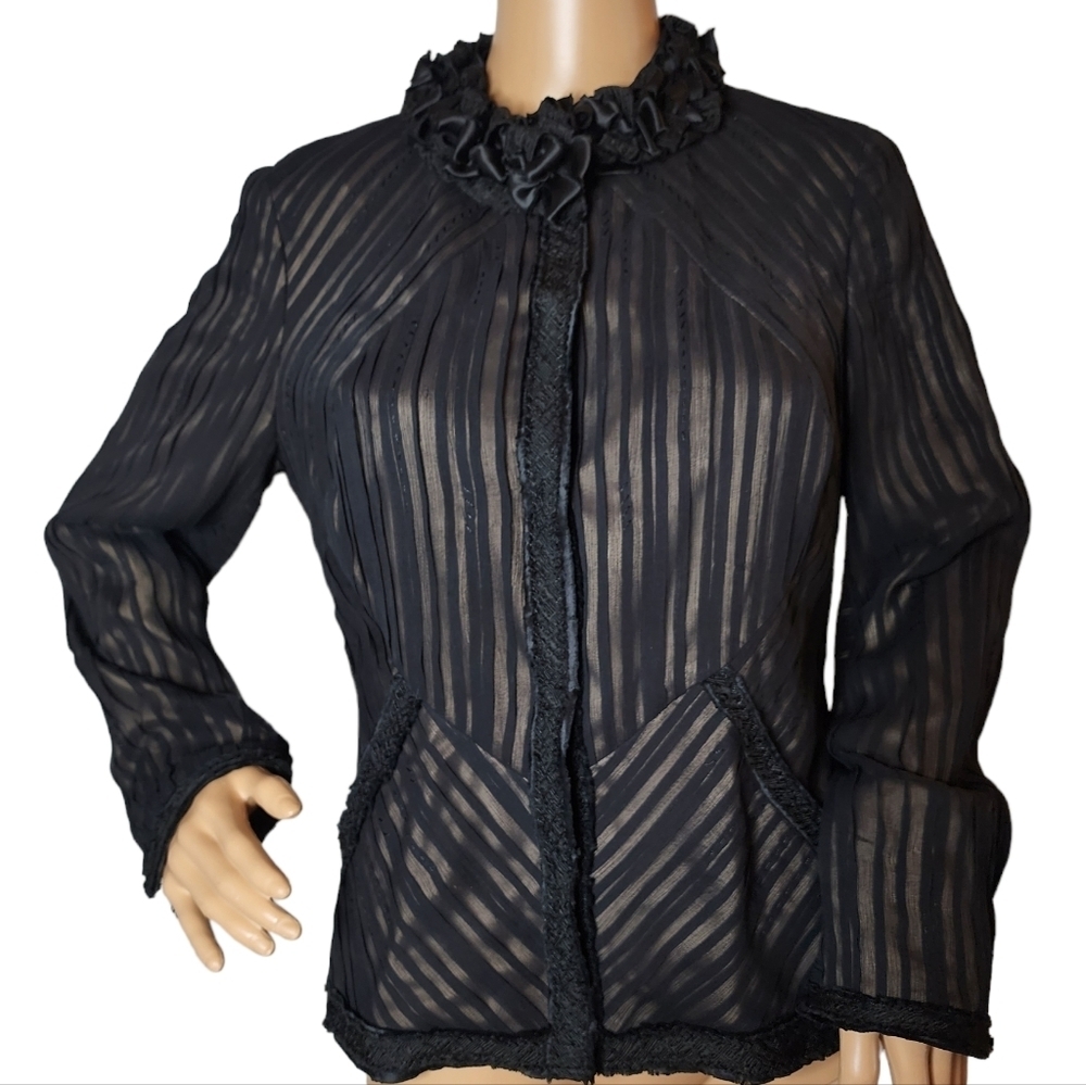 Elie Tahari Silk Black Beige Jacket Ruffle Collar Pockets Women's Size Medium